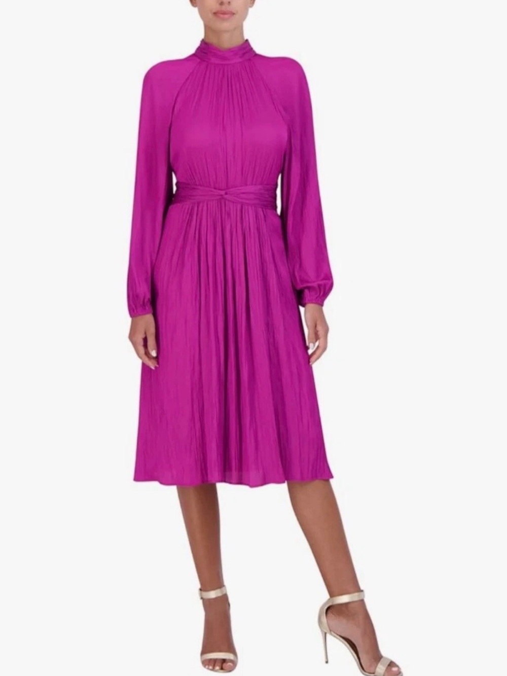 BCBGMAXAZRIA Womens Fit and Flare Midi Dress Raglan Sleeve Mock Neck Twist Knot